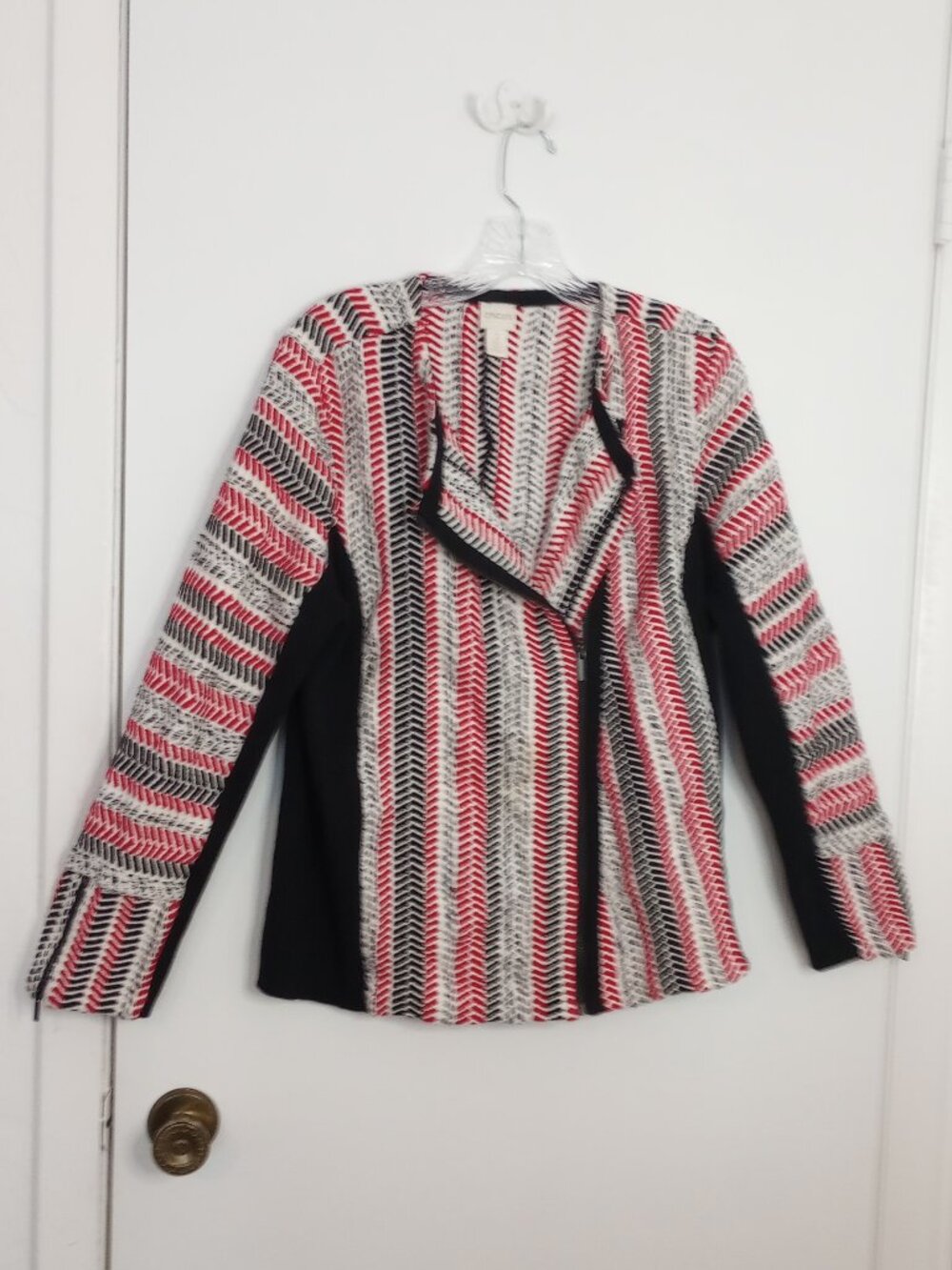 Chico's Sofia Mixed Pattern Cardigan Zip Front Moto Sweater Jacket Sz 2